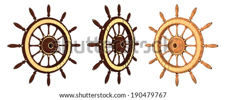wooden steering wheel of a ship with gold on a white background