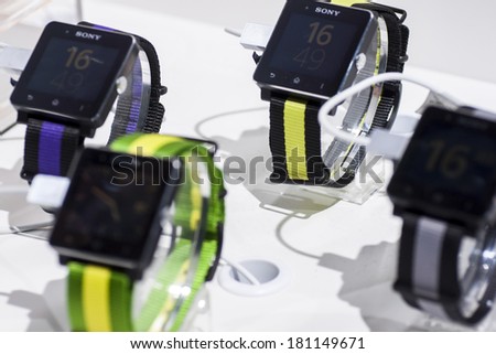 BARCELONA, SPAIN - FEBRUARY 24-27 2014: Mobile World Congress 2014. Sony Smart Watch 2 at Sony Stand at the Mobile world Congress 2014.