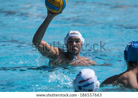 MATARO, SPAIN - APRIL 5: Players in action during the water polo Spanish League match between Mataro and Sant Andreu, final score 7-7, on April 5, 2014, in Mataro, Barcelona, Spain.