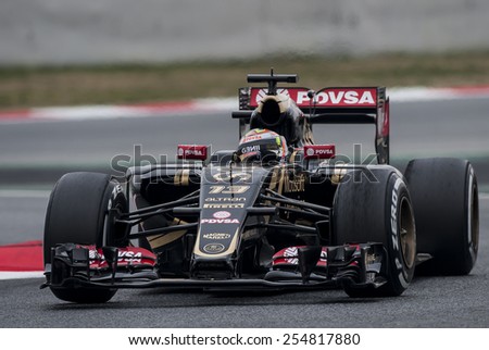 BARCELONA - FEBRUARY 21: Pastor Maldonado of Lotusat third day of Formula One Test Days at Catalunya Circuit on February 21, 2015 in Barcelona, Spain.