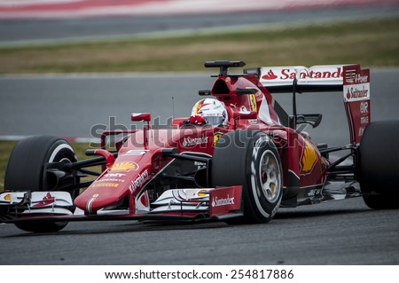 BARCELONA - FEBRUARY 21: Sebastian Vettel of Ferrari at third day of Formula One Test Days at Catalunya Circuit on February 21, 2015 in Barcelona, Spain.