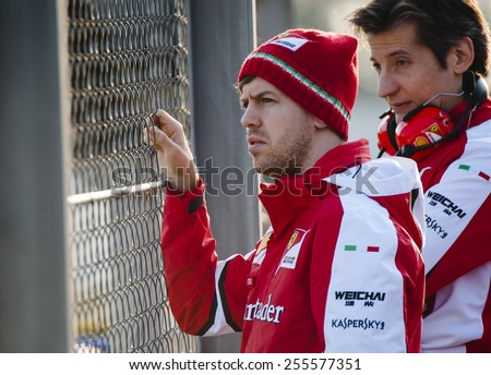 BARCELONA - FEBRUARY 20: Sebastian Vettel of Ferrari at second day of Formula One Test Days at Catalunya Circuit on February 20, 2015 in Barcelona, Spain.