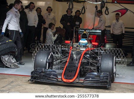 BARCELONA - FEBRUARY 20: Fernando Alonso of McLaren Honda at second day of Formula One Test Days at Catalunya Circuit on February 20, 2015 in Barcelona, Spain.