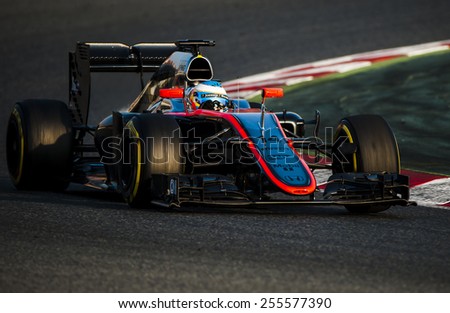 BARCELONA - FEBRUARY 20: Fernando Alonso of McLaren Honda at second day of Formula One Test Days at Catalunya Circuit on February 20, 2015 in Barcelona, Spain.