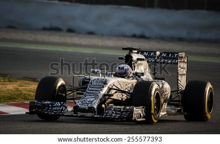 BARCELONA - FEBRUARY 19: Dani Ricciardo of Red Bull at first day of Formula One Test Days at Catalunya Circuit on February 19, 2015 in Barcelona, Spain.
