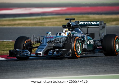 BARCELONA - FEBRUARY 20: Lewis Hamilton of Mercedes at second day of Formula One Test Days at Catalunya Circuit on February 20, 2015 in Barcelona, Spain.
