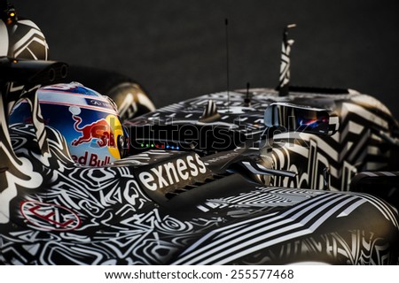 BARCELONA - FEBRUARY 19: Dani Ricciardo of Red Bull at first day of Formula One Test Days at Catalunya Circuit on February 19, 2015 in Barcelona, Spain.