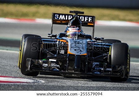 BARCELONA - FEBRUARY 22: Nico Hulkenberg of Force India at fourth day of Formula One Test Days at Catalunya Circuit on February 22, 2015 in Barcelona, Spain.