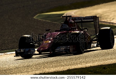 BARCELONA - FEBRUARY 22: Sebastian Vettel of Ferrari at fourth day of Formula One Test Days at Catalunya Circuit on February 22, 2015 in Barcelona, Spain.