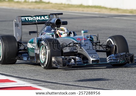 BARCELONA - FEBRUARY 28: Lewis Hamilton of Mercedes at third day of Formula One Test Days at Catalunya Circuit on February 28, 2015 in Barcelona, Spain.