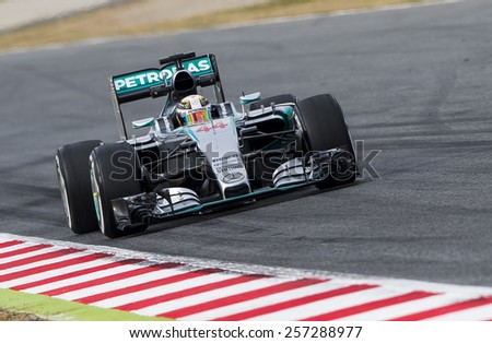 BARCELONA - FEBRUARY 26: Lewis Hamilton of Mercedes at first day of Formula One Test Days at Catalunya Circuit on February 26, 2015 in Barcelona, Spain.