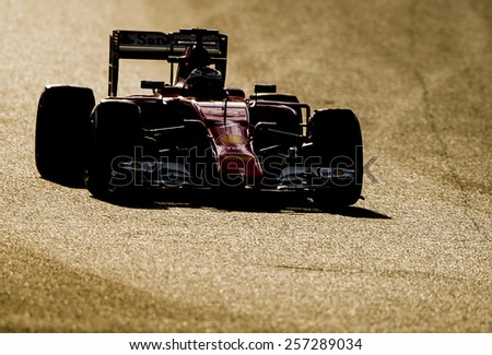 BARCELONA - FEBRUARY 27: Sebastian Vettel of Ferrari at second day of Formula One Test Days at Catalunya Circuit on February 27, 2015 in Barcelona, Spain.