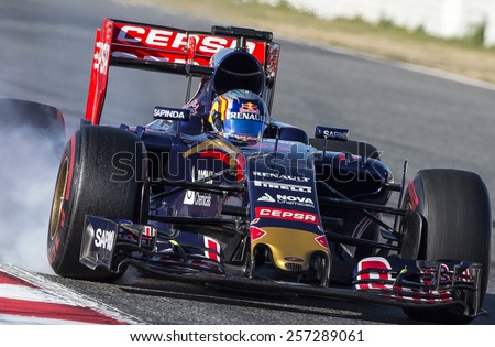 BARCELONA - FEBRUARY 28: Carlos Sainz of Toro Rosso at third day of Formula One Test Days at Catalunya Circuit on February 28, 2015 in Barcelona, Spain.