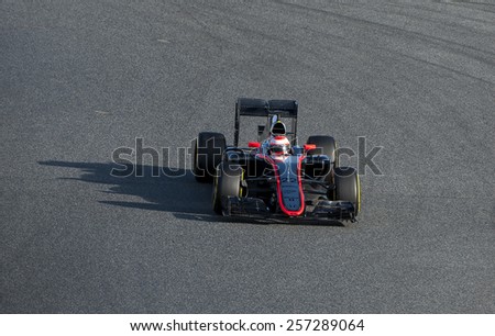 BARCELONA - FEBRUARY 27: Jenson Button of McLaren Honda at second day of Formula One Test Days at Catalunya Circuit on February 27, 2015 in Barcelona, Spain.