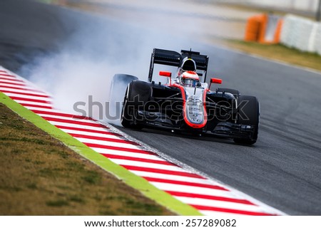 BARCELONA - FEBRUARY 26: Jenson Buttonof McLaren Honda at first day of Formula One Test Days at Catalunya Circuit on February 26, 2015 in Barcelona, Spain.