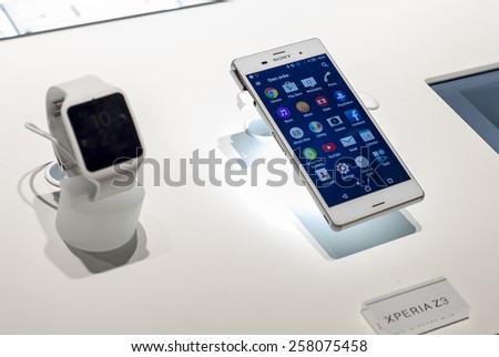 BARCELONA, SPAIN - MARCH 2, 2015: Mobile World Congress 2015. Smart Watch 3 and Xperia Z3 at Sony Stand of the Mobile World Congress 2015.