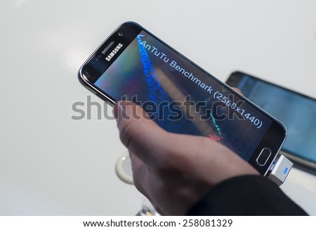 BARCELONA, SPAIN - MARCH 1, 2015: Mobile World Congress 2015. New Samsung Galaxy S6 at Samsung Stand of the Mobile World Congress 2015.
