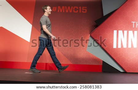 BARCELONA, SPAIN - MARCH 2, 2015: Mobile World Congress 2015. Mark Zuckerberg, Facebook\'s CEO, at Mobile World Congress 2015
