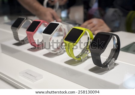 BARCELONA, SPAIN - MARCH 3, 2015: Mobile World Congress 2015. Sony Smart Watch 3 at Sony Stand of the Mobile World Congress 2015.