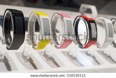 BARCELONA, SPAIN - MARCH 3, 2015: Mobile World Congress 2015. Smart Band Talk at Sony Stand of the Mobile World Congress 2015.
