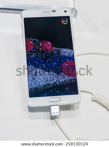 BARCELONA, SPAIN - MARCH 3, 2015: Mobile World Congress 2015. Samsung Galaxy Note 4 at Samsung Stand of the Mobile World Congress 2015.