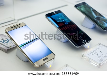 BARCELONA, SPAIN - FEBRUARY 27, 2016: New Samsung Galaxy phones presented at Mobile World Centre of Barcelona during Mobile World Congress 2016 in Barcelona, Spain.
