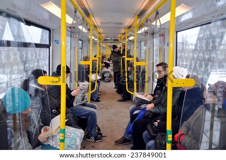 BERLIN - FEB 09: Passengers traveling in the German bus on February 09.2014 in Berlin, Germany