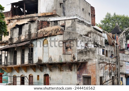 VARANASI - JAN 04: Chaotic poor houses on the banks of river Ganges on January 04.2015 in India