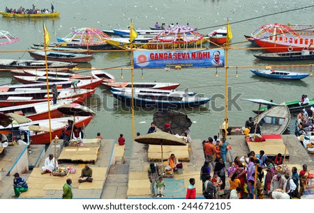 VARANASI - JAN 05: General view of ghats and the sacred Ganges river in Varanasi, Uttar Pradesh on January 05. 2015 in India.