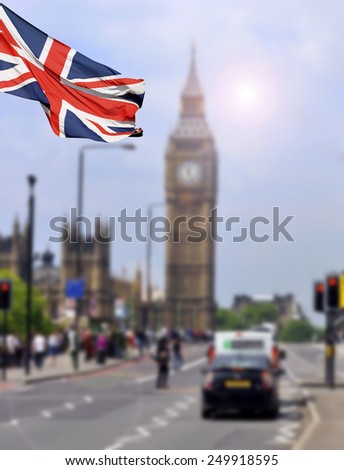Big Ben and the main street in London - with English flag