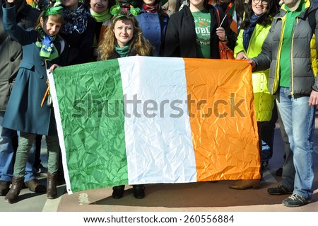 MOSCOW - MAR 14:Group of students with Irish flag during St Patrick\'s day party in Moscow on March 14. 2015 in Russia