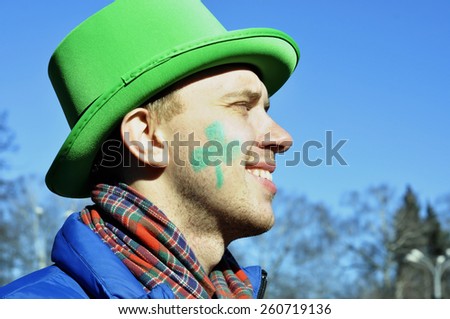 MOSCOW - MAR 14: Smiling guy with green hat during St Patrick\'s day party in Moscow on March 14. 2015 in Russia