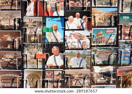 ROME - MAY 09: Celebration of the beginning pontificate of Pope Francis in St. Peter\'s Square. Postcards with Pope Francis in Rome on May 09. 2015 in Italy