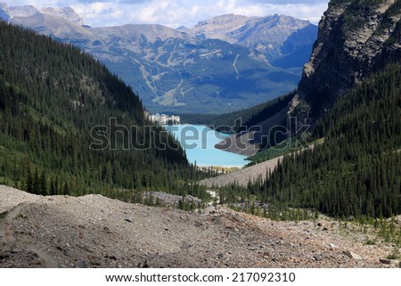 Lake Louise and the Chateau Lake Louise seen from the Plain of the Six Glaciers hiking trail, Banff National Park, Alberta, Canada