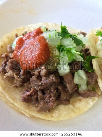 Carne asada taco with red salsa in downtown Los Angeles