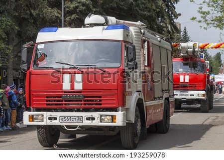 PYATIGORSK, RUSSIA Ã¢Â?Â? MAY 9 2014: Victory Day. The truck of fire engineering service of Pyatigorsk in a road convoy on parade