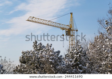 Yellow Crane Tower on the background of a winter spruce forest