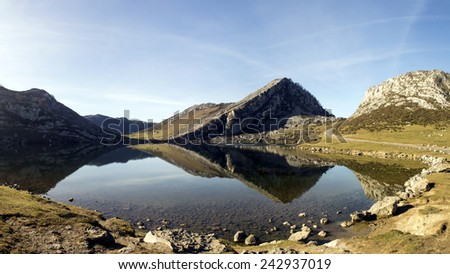 Landscape of Enol mountain lake on National Park of Picos de Europa, Cangas de Onis, Asturias, Spain