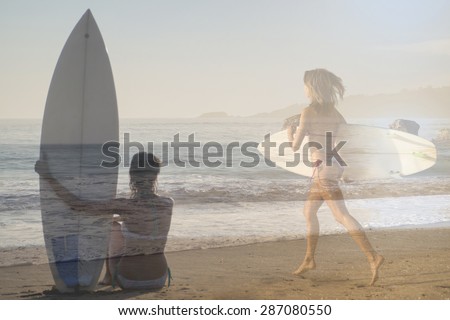 Double exposure photography of Blonde surfer girl run in bikini on the beach to the sea with a surfboard, and blonde girl sit on the sand with surfboard