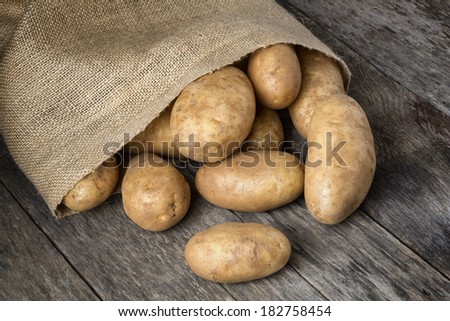 Freshly harvested organic russet baking potatoes spilling from a burlap bag onto a natural weathered wood table.