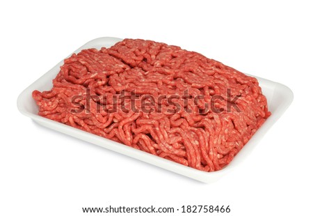 Raw ground beef in a white polystyrene tray isolated on a white background. Suitable for illustrating contaminated or recalled ground beef.