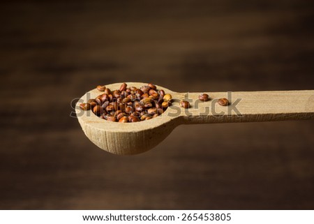 Red quinoa grain in a wooden quarter teaspoon measuring spoon over dark wood background.