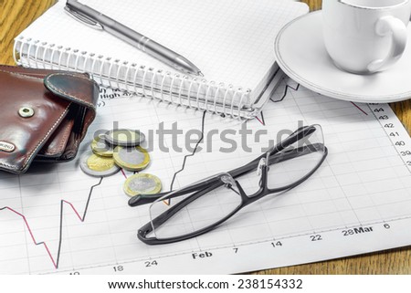 business plan schedules coin purse pen cup of coffee glasses planning
