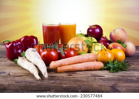 Fruits, vegetables, fruit juices, vegetable juices, healthy food