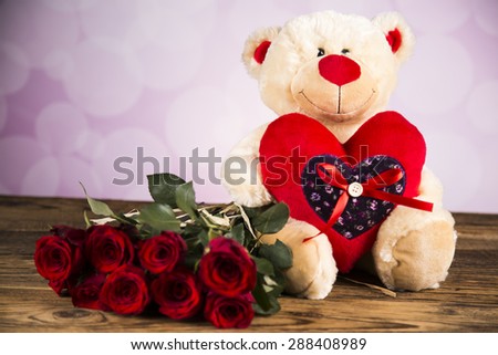 Day of love, Valentine\'s Day, roses and a teddy bear.