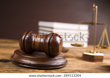 Golden scales of justice, books, Statue of Lady Justice