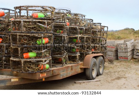 Empty crab pots stacked on trailer
