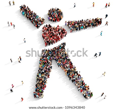 Large and diverse group of people seen from above gathered together in the shape of big hearted man symbol, 3d illustration