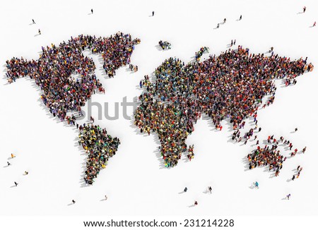 Illustration of a world map drawn out with realistic people seen from above on white background