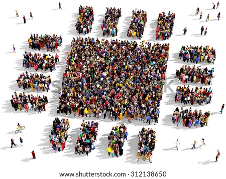 Large group of people seen from above gathered together in the shape of microchip